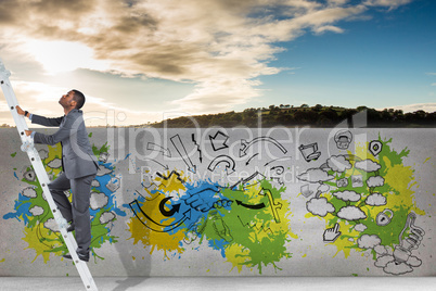 Composite image of businessman climbing up ladder