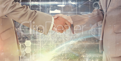 Composite image of side view of shaking hands