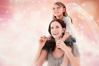 Composite image of cheerful mother giving piggyback ride to her