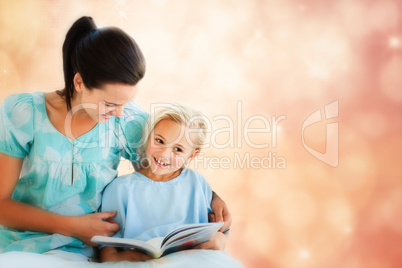 Composite image of girl on a hospital bed reading with her mothe