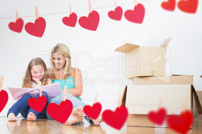 Composite image of mother and daughter reading a book