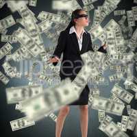 Composite image of blindfolded businesswoman with hands out