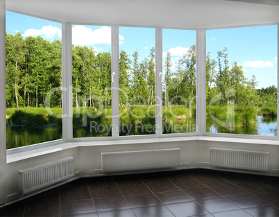 window overlooking the forest lake
