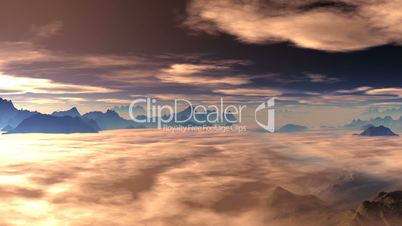 Clouds float over the mountains at sunrise (sunset)