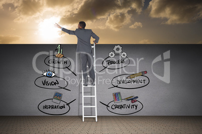 Composite image of businessman standing on ladder