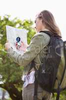 Woman using map and compass
