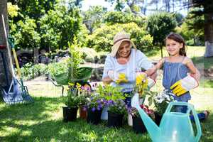 Grandmother and granddaughter gardening in the park