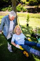 Senior couple playing with a wheelbarrow
