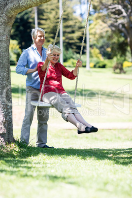 Senior man pushing his partner on swing