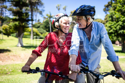 Happy couple riding a bicycle in park