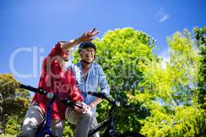 Senior couple talking while cycling in park