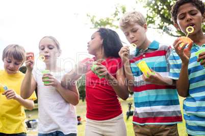 Children blowing bubbles wand in the park