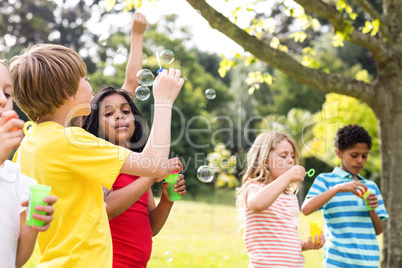 Children blowing bubbles wand in the park