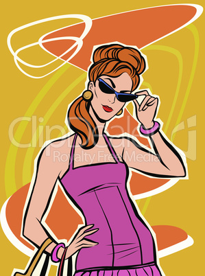 Red beautiful retro girl in sunglasses