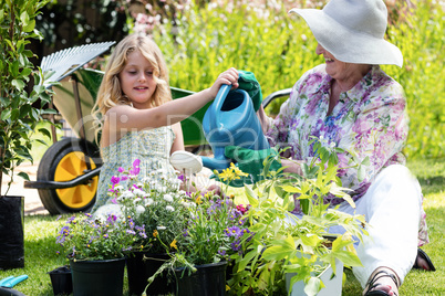 Grandmother and granddaughter watering the plants in the garden