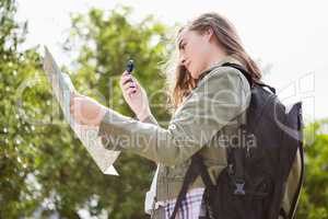 Woman using map and compass