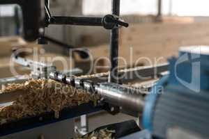 Machine tool with drill for woodworking, close-up