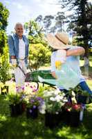 Senior couple working together in park