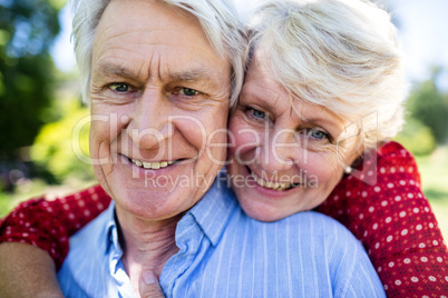 Happy senior couple embracing in park