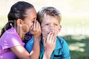 Girl whispering in her brothers ear