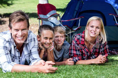 Portrait of happy family lying on grass