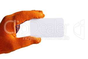 Business card in hand in orange glove