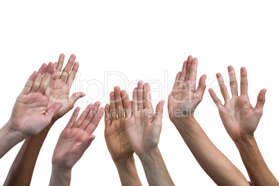 Multiethnic women raising their hands up