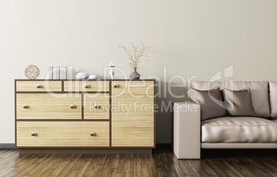 Wooden dresser and beige leather sofa 3d rendering