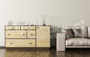Wooden dresser and beige leather sofa 3d rendering
