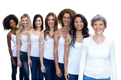 Happy multiethnic women standing in a line