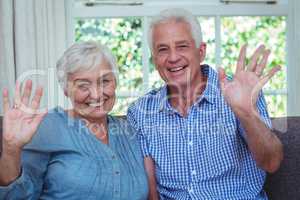 Portrait of happy senior couple waving hand
