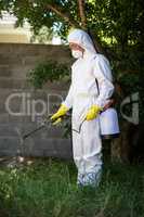 Man spraying insecticide on grass