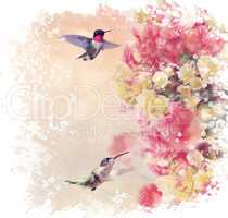 Hummingbirds and Flowers Watercolor