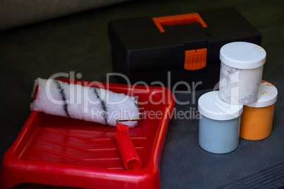 Paint roller, tool box, tray and container