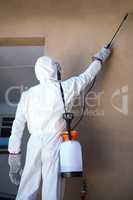 Rear view of a man doing pest control