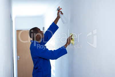 Handyman spraying insecticide on wall