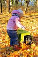 baby plays with her cat in cage in the Autumn park