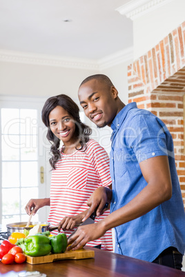 Young couple chopping vegetables