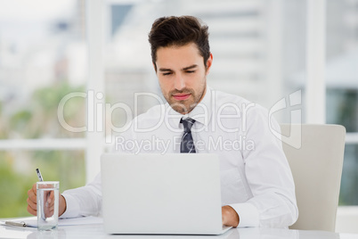 Businessman using laptop and taking notes