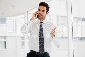 A man is talking on the phone and gesting