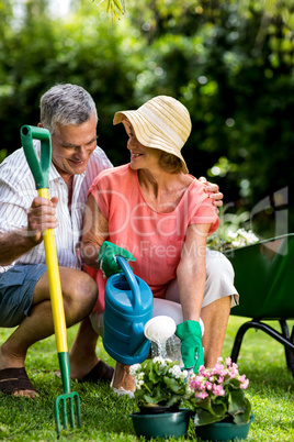 Senior couple with gardening equipment at yard