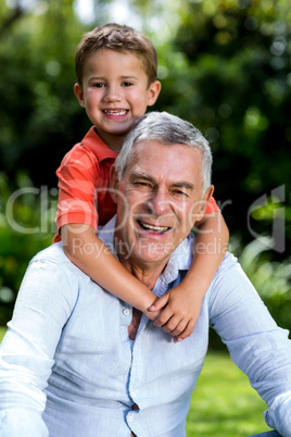 Grandfather with grandson sitting in yard