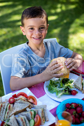 Portrait of smiling boy with sandwich in yard