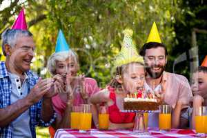 Family celebrating birthday at table in yard
