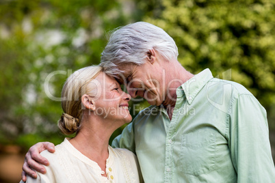 Senior couple touching head in yard