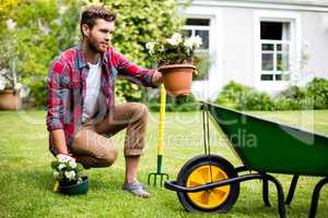 Gardener holding potted plants in yard