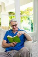 Happy senior man reading book at home