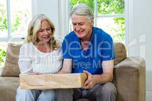 Senior couple holding parcel while sitting in living room at hom