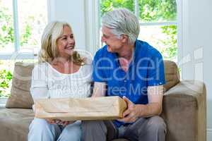 Happy senior couple holding parcel while sitting at home
