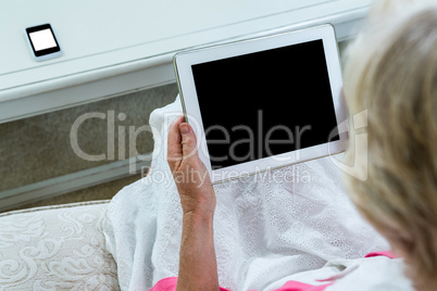 High angle view of senior woman holding digital tablet